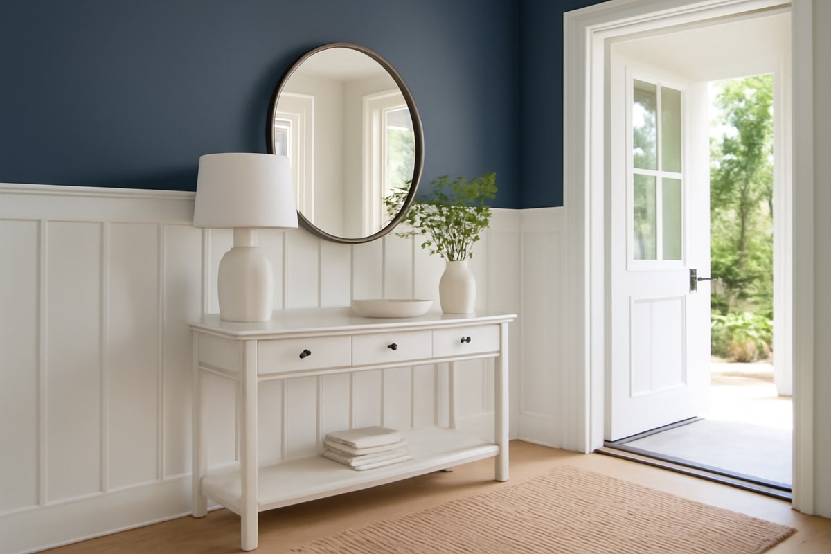 Board and batten accent wall in a Florida entryway