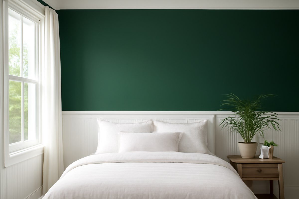 Dark green accent wall behind a bed in a Florida bedroom