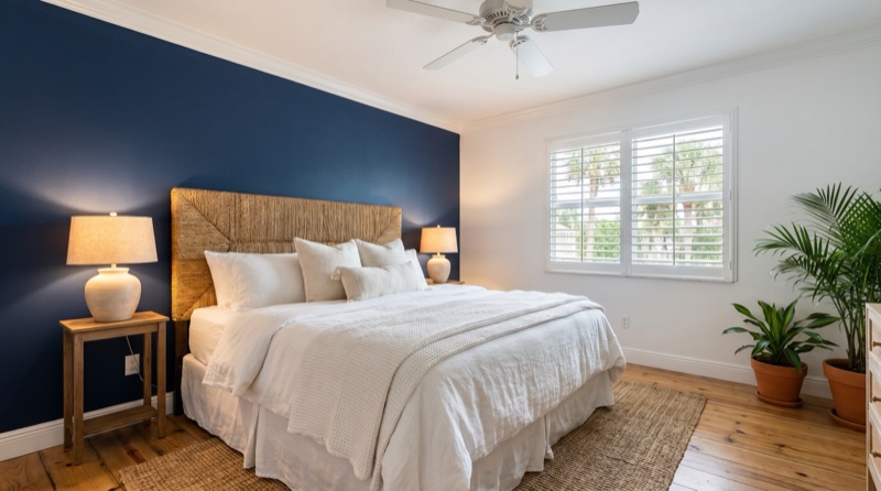 Bedroom accent wall painting with bold color behind headboard in New Smyrna Beach FL