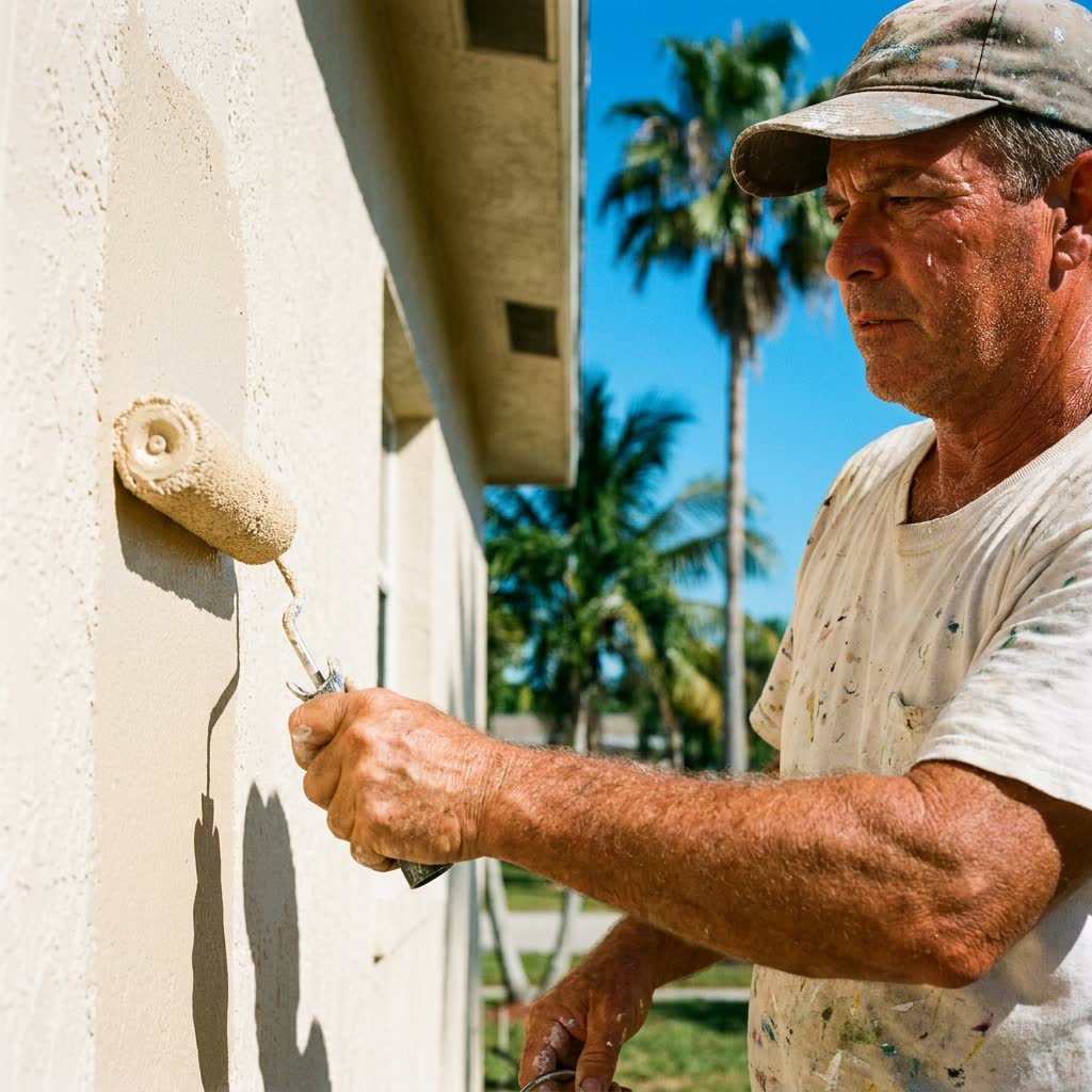 House painter applying exterior paint on a hot Florida day