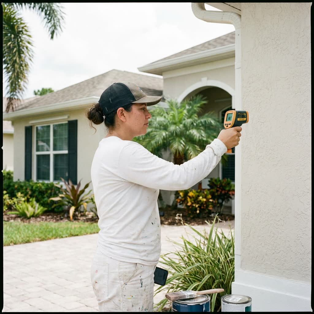 Professional painter checking surface temperature with infrared thermometer before painting