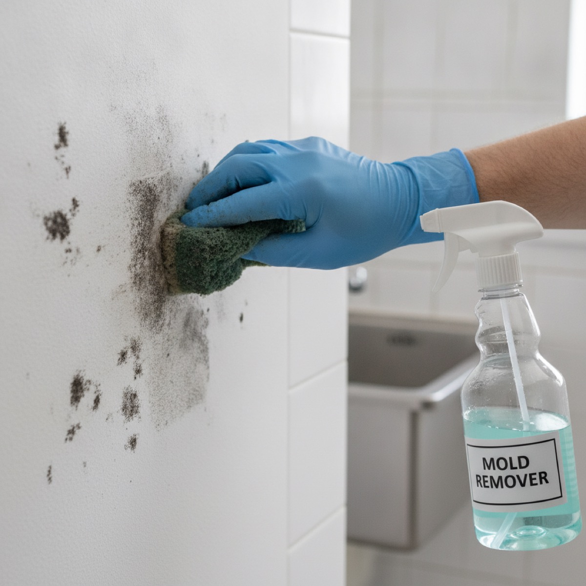 Cleaning and scrubbing mold off a wall before priming and painting