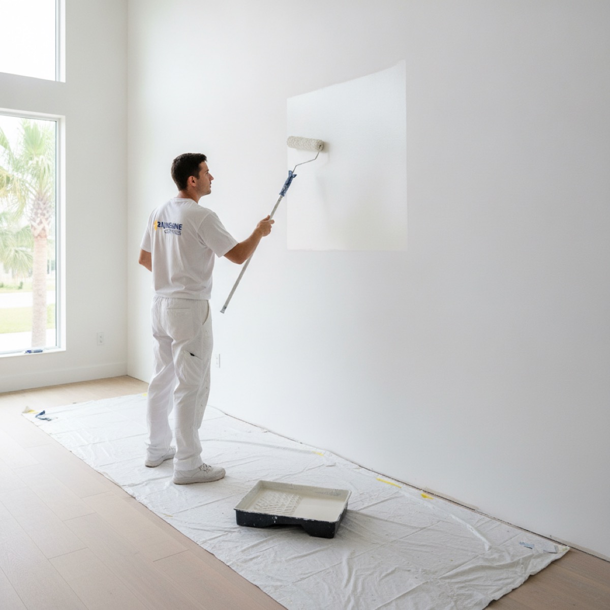 Rolling mold-killing primer onto a cleaned wall before painting