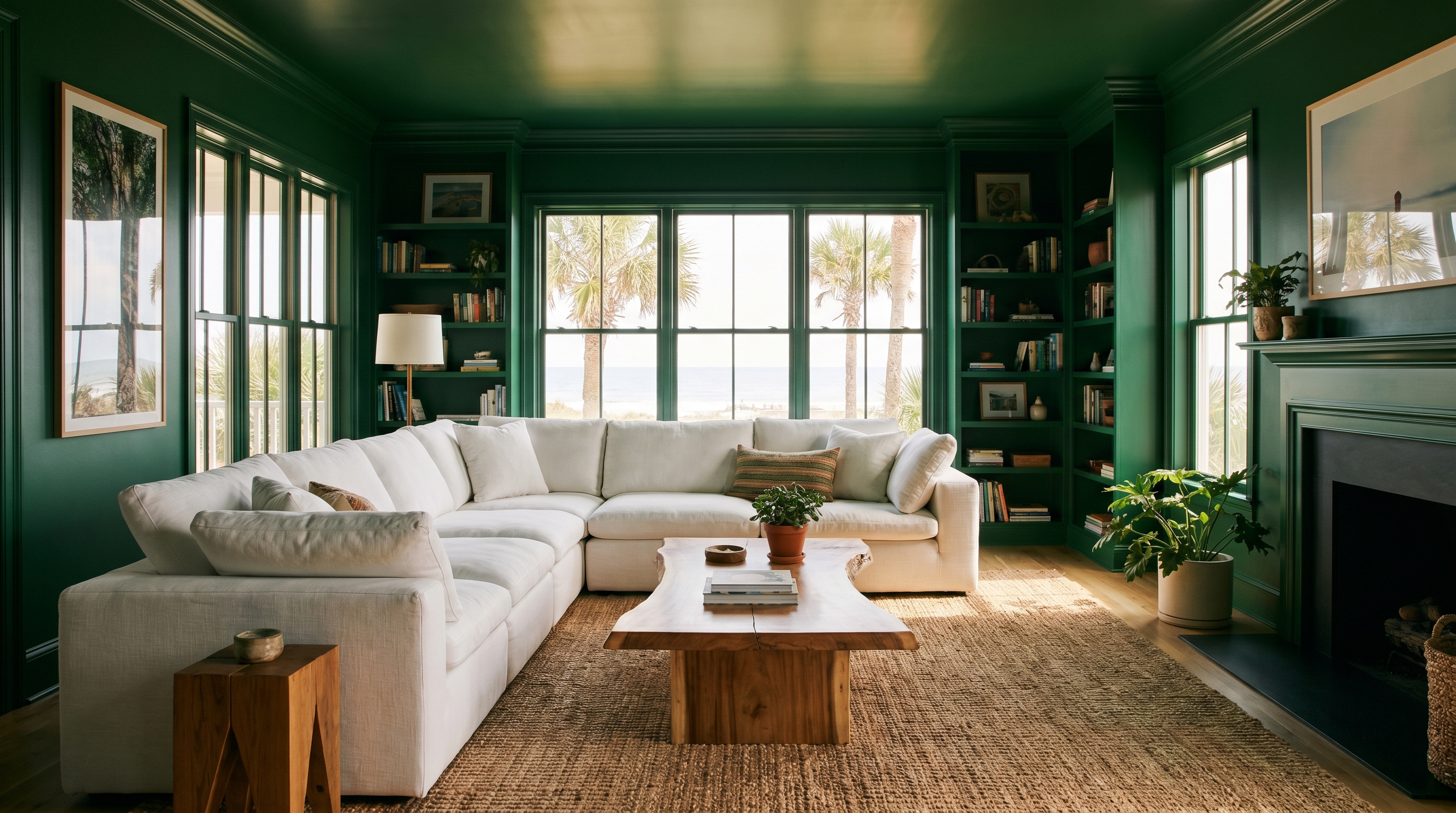 Forest green drenched living room by JPL Painting New Smyrna Beach FL with walls ceiling trim and doors in matching finish