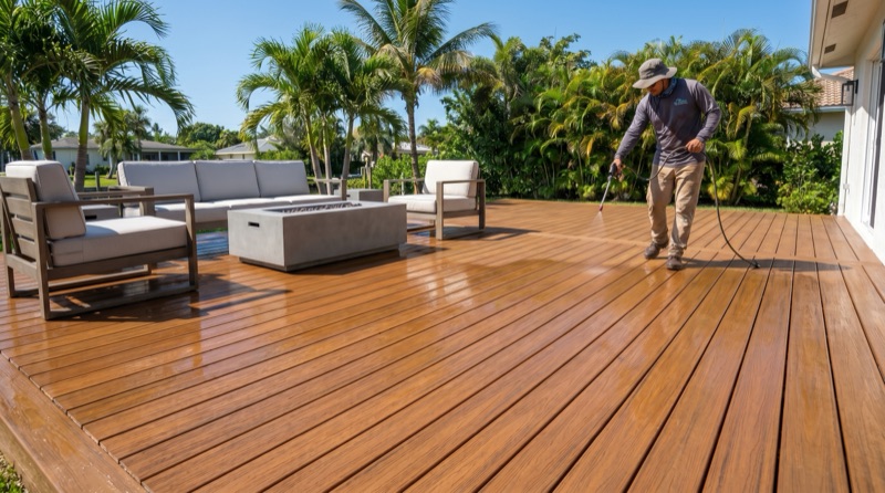 Composite deck staining and sealing with UV-resistant protective finish in New Smyrna Beach FL
