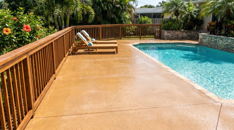 Pool deck staining with waterproof sealant and UV-protective finish in New Smyrna Beach FL