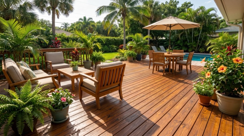 Pressure-treated deck staining with rich semi-transparent finish highlighting natural wood grain in New Smyrna Beach FL