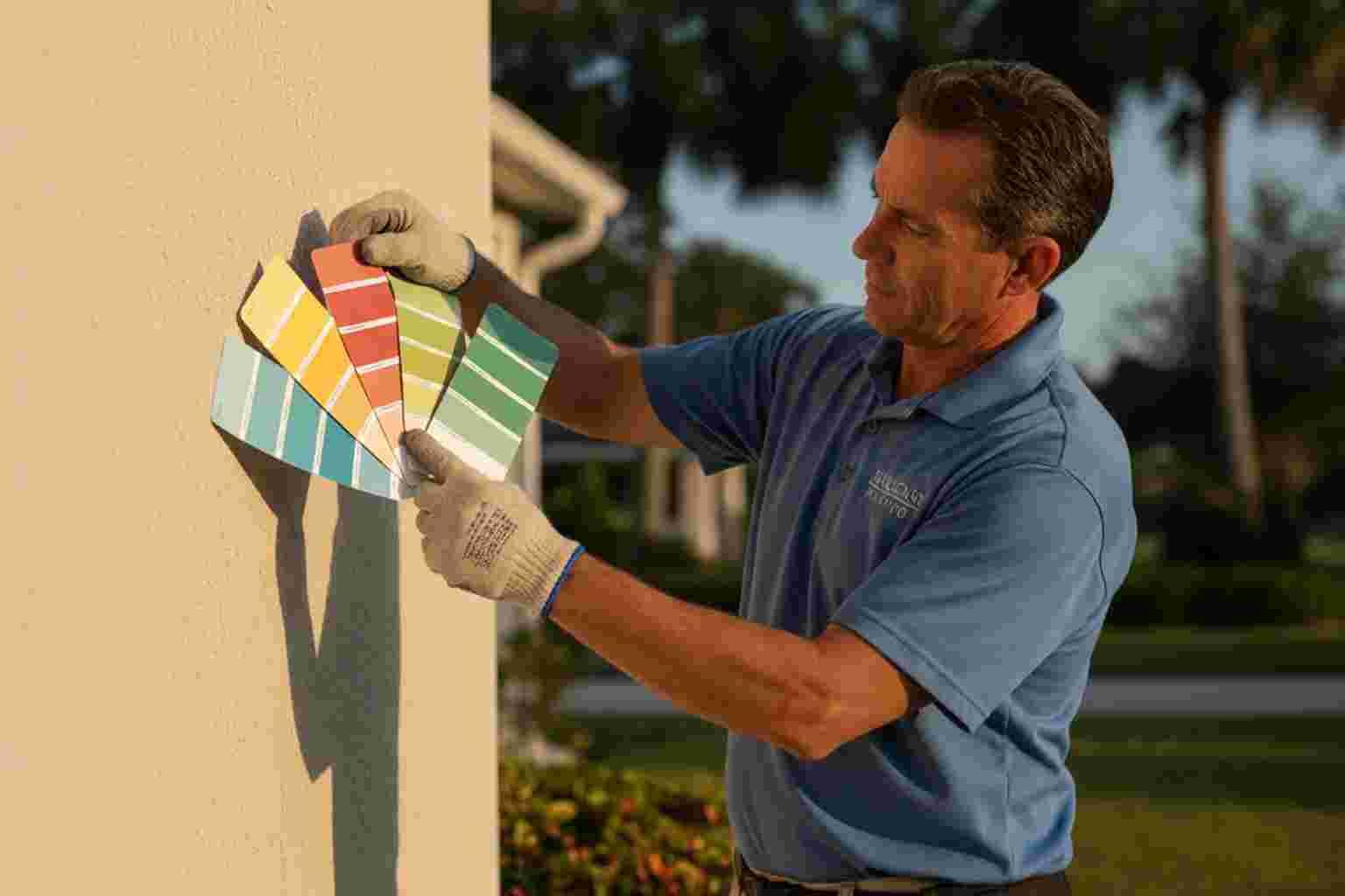 Professional painting contractor holding color swatches against an exterior wall