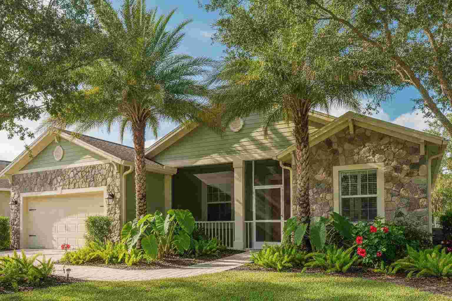 Florida home with sage green exterior siding and cream trim