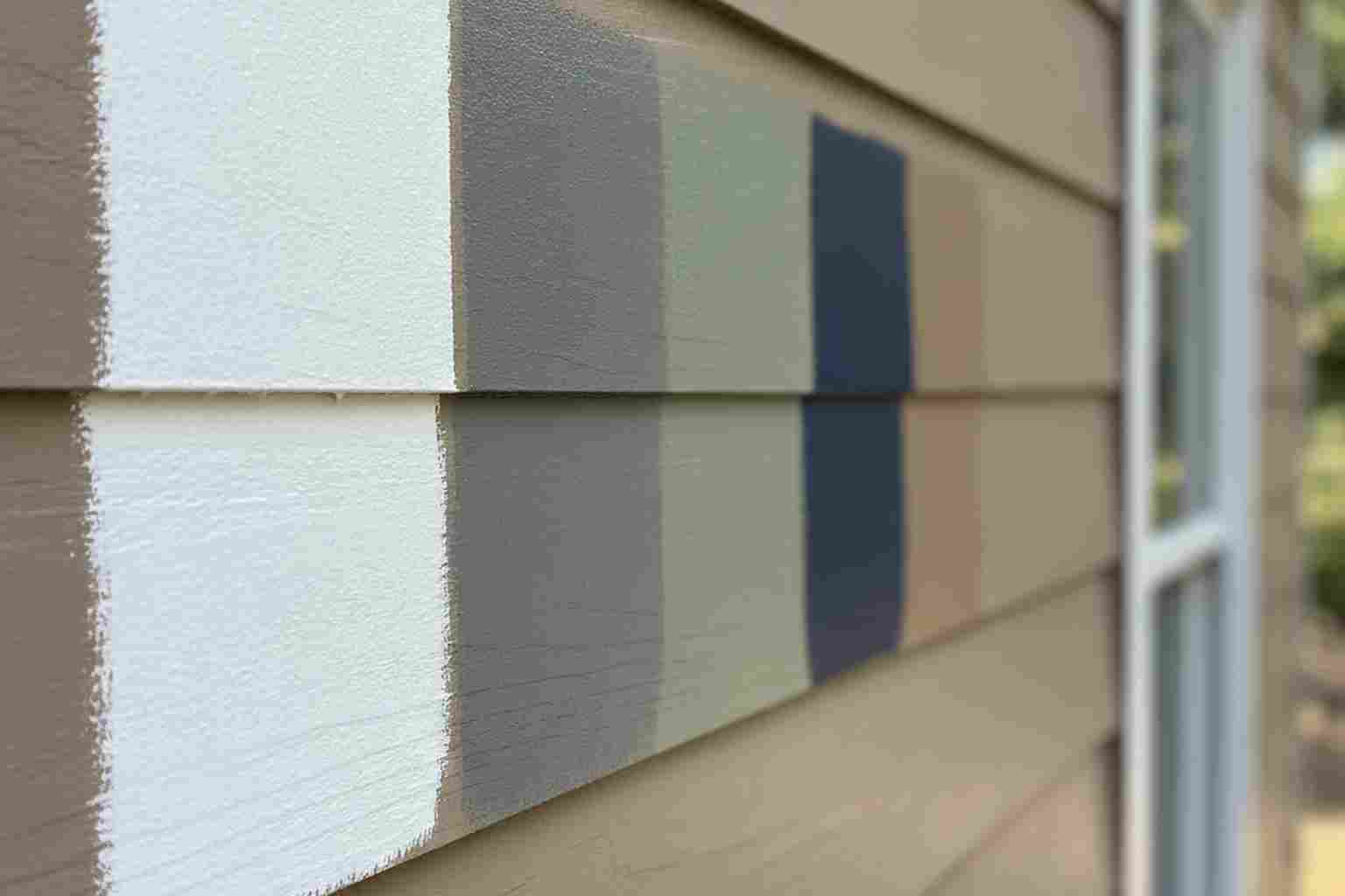 Exterior paint color samples on a siding wall