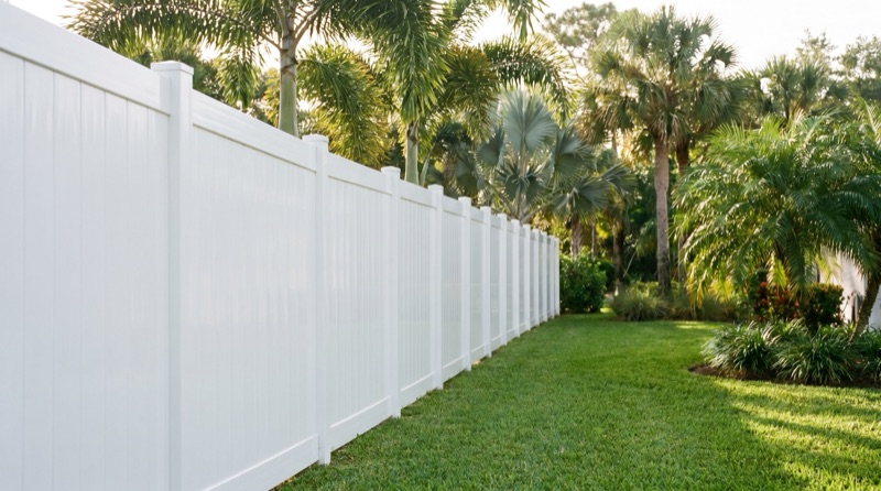 Vinyl fence painting with UV-resistant topcoat on white privacy fence in New Smyrna Beach FL