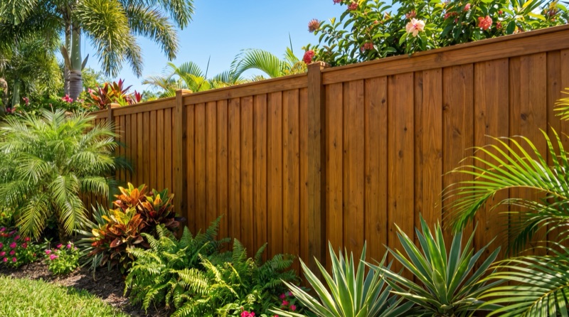 Wood fence staining with semi-transparent stain protecting cedar privacy fence in New Smyrna Beach FL