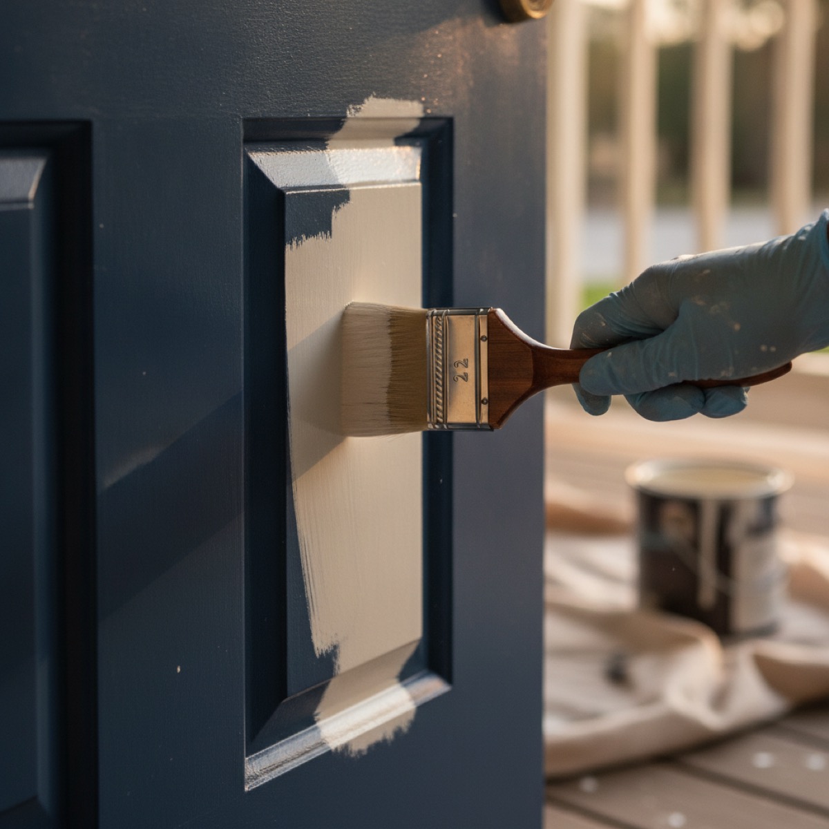 Applying paint to a front door panel using a brush and foam roller technique