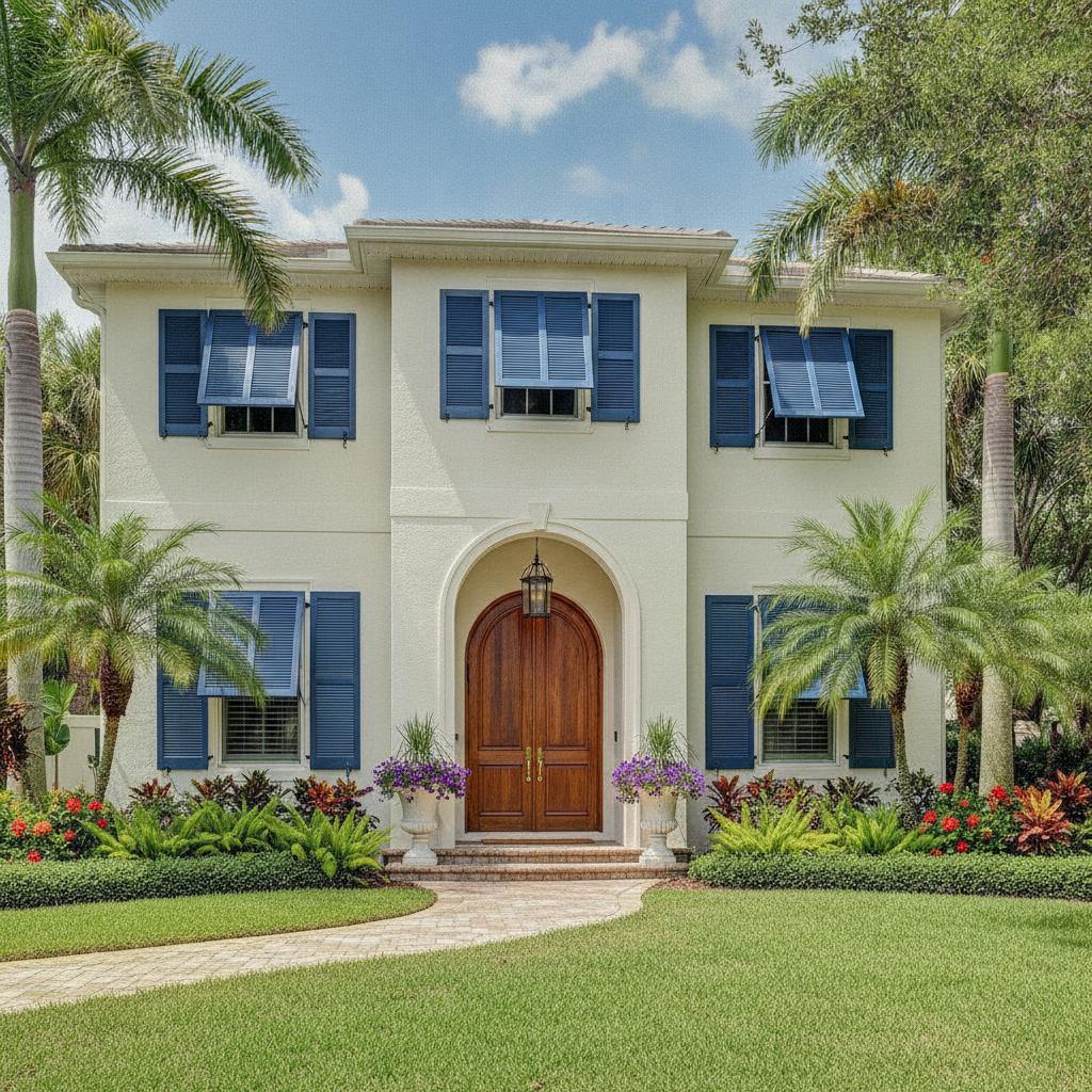 Freshly painted shutters installed on a Florida home with a flawless finish