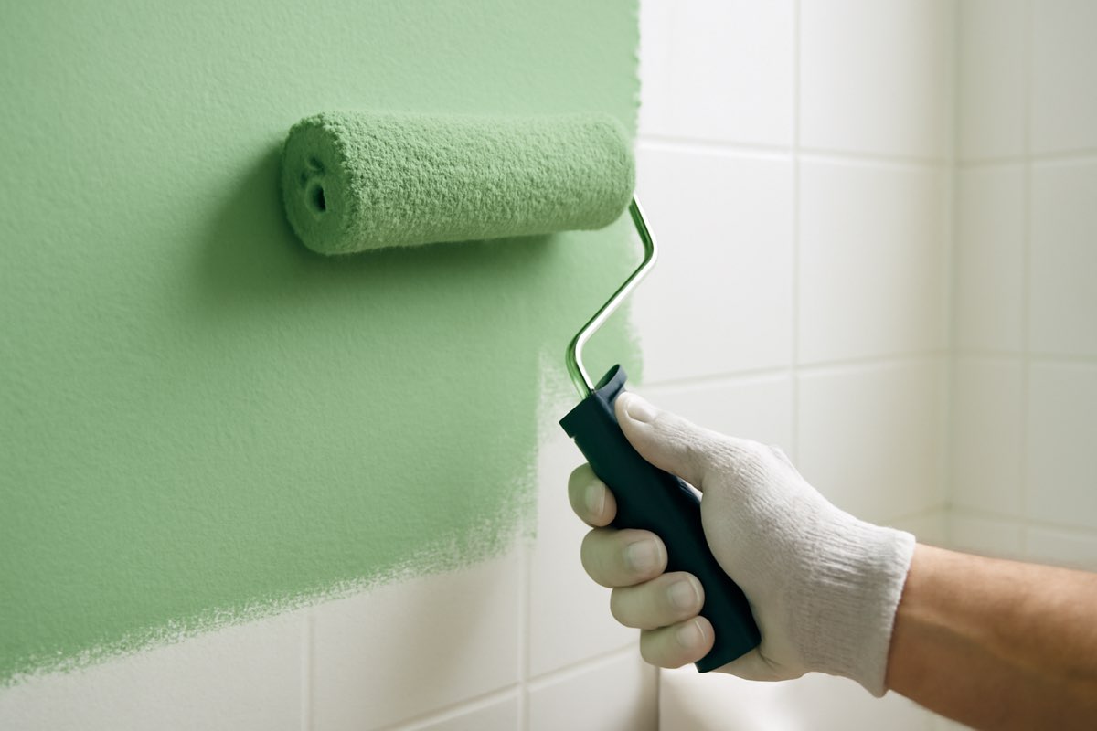 Professional applying mold resistant paint to bathroom walls with a roller