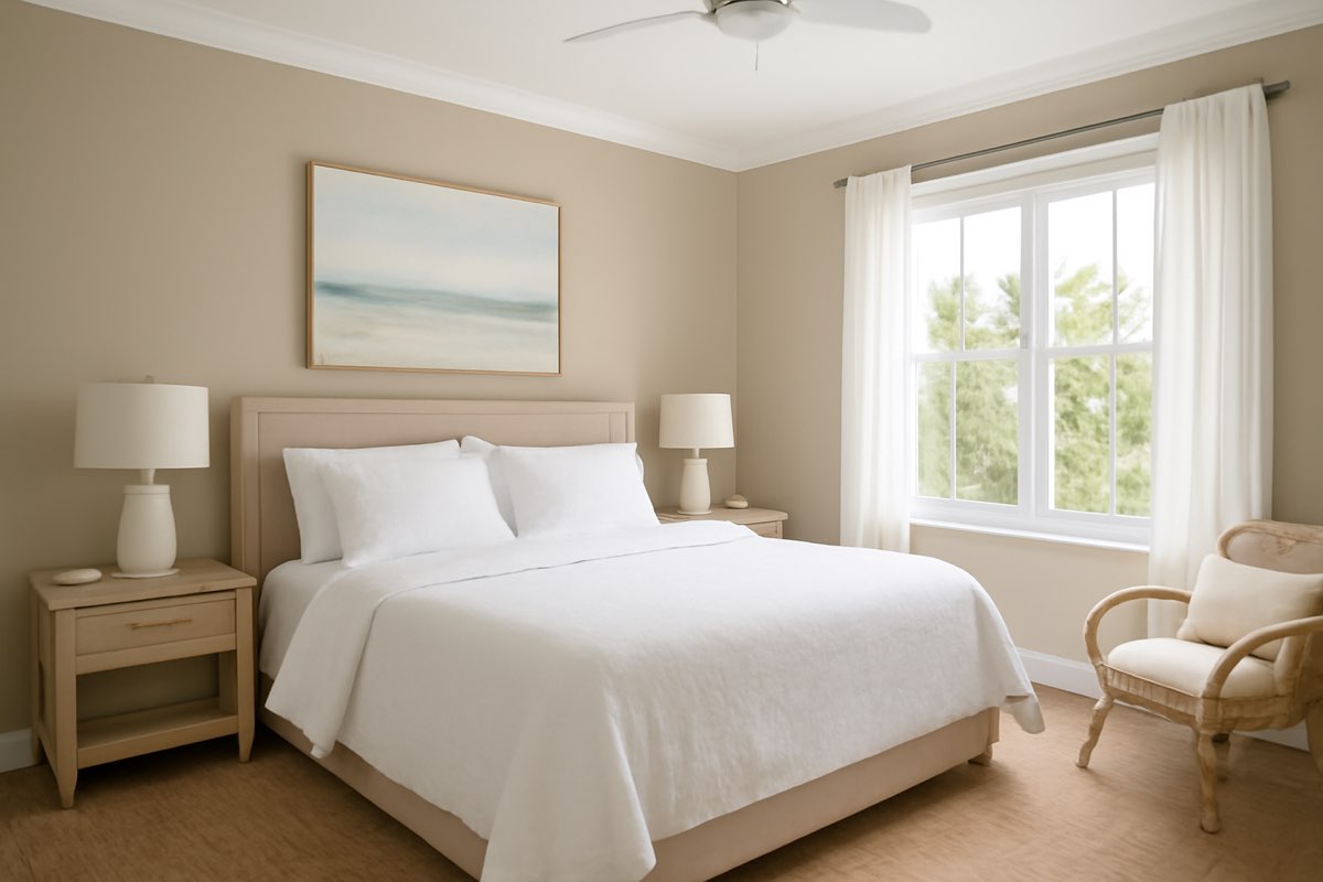 Bedroom with warm taupe natural paint colors on walls