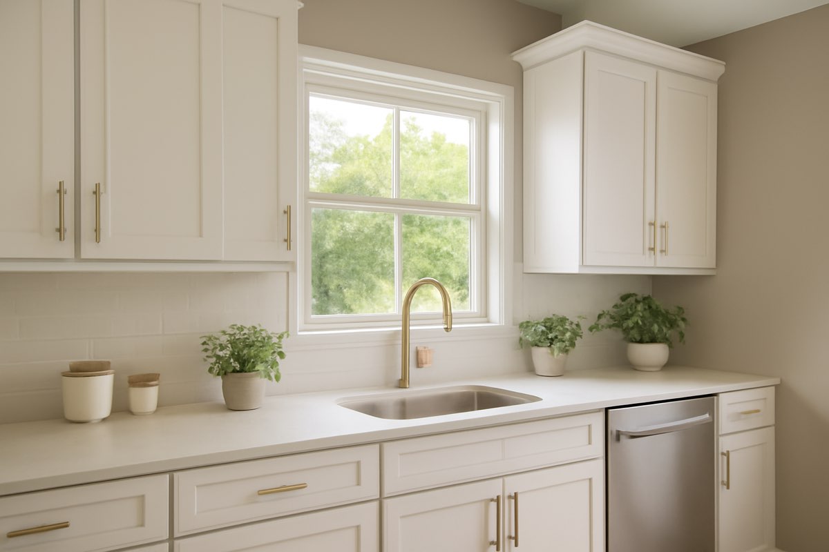 Kitchen with warm white natural paint colors and bright coastal feel
