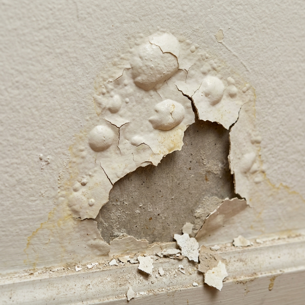 Paint bubbling on wall caused by moisture damage