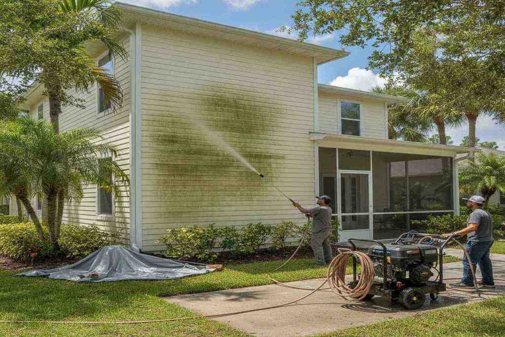 Pressure washing vinyl siding exterior before painting