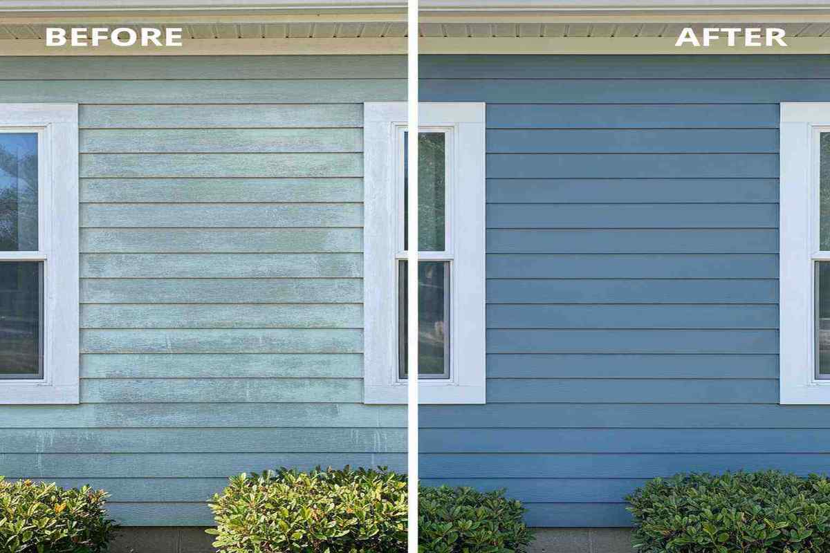 Before and after comparison of vinyl siding painting project
