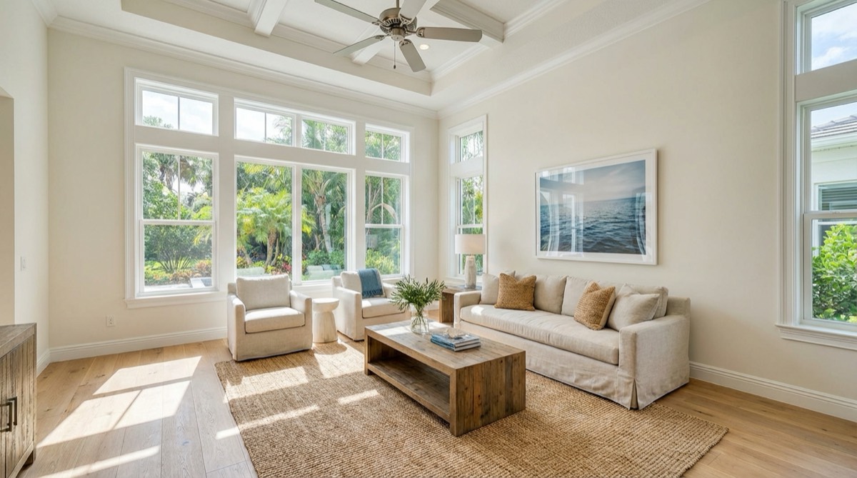 Freshly painted coastal living room with white walls and natural light - JPL Painting interior repaint