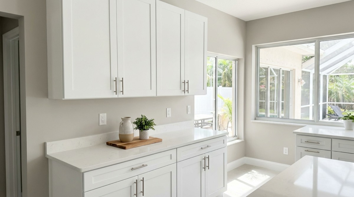 Kitchen with freshly painted white cabinets and gray walls - JPL Painting cabinet painting