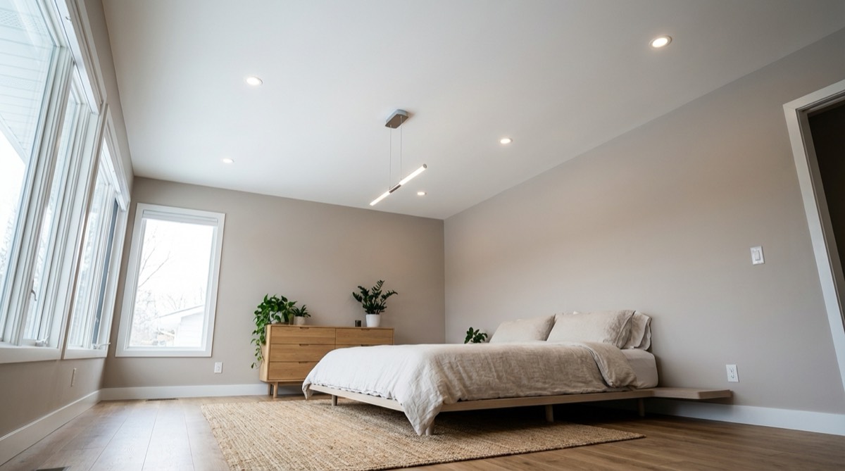 Smooth ceiling after popcorn ceiling removal in modern bedroom - JPL Painting popcorn removal