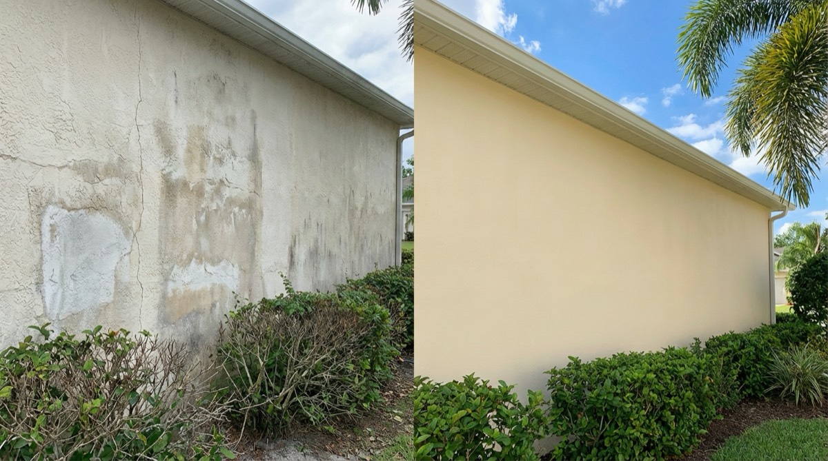 Professional stucco and plaster repair on Florida home exterior wall - JPL Painting stucco repair