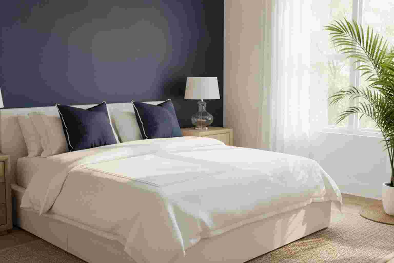 Bedroom with bold navy blue accent wall